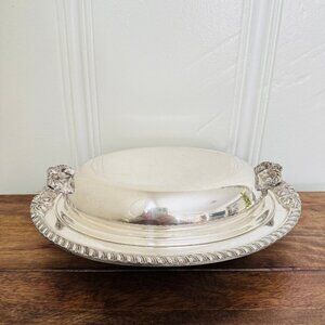Antique Silver Plate ornate 2 sided heavy serving bowl with lid 12" x 9"